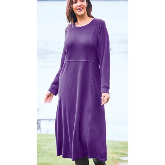 Woman Within Women's Plus Size 1X Purple Thermal Knit A-Line Dress W/ Pockets - Picture 1 of 7